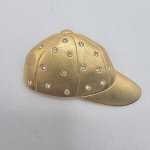 Signed J J‎ Jonette Brooch Vintage Gold Tone Baseball Cap Pin Hat Rhinestones